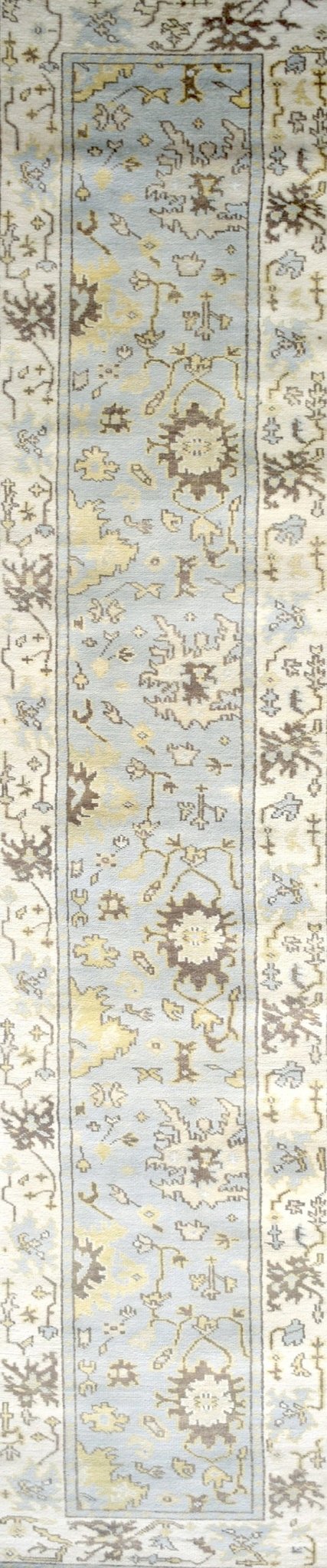 Hand Knotted Blue and Beige Antique Oushak Blue and Beige Wool Runner Rug - The Rug Decor