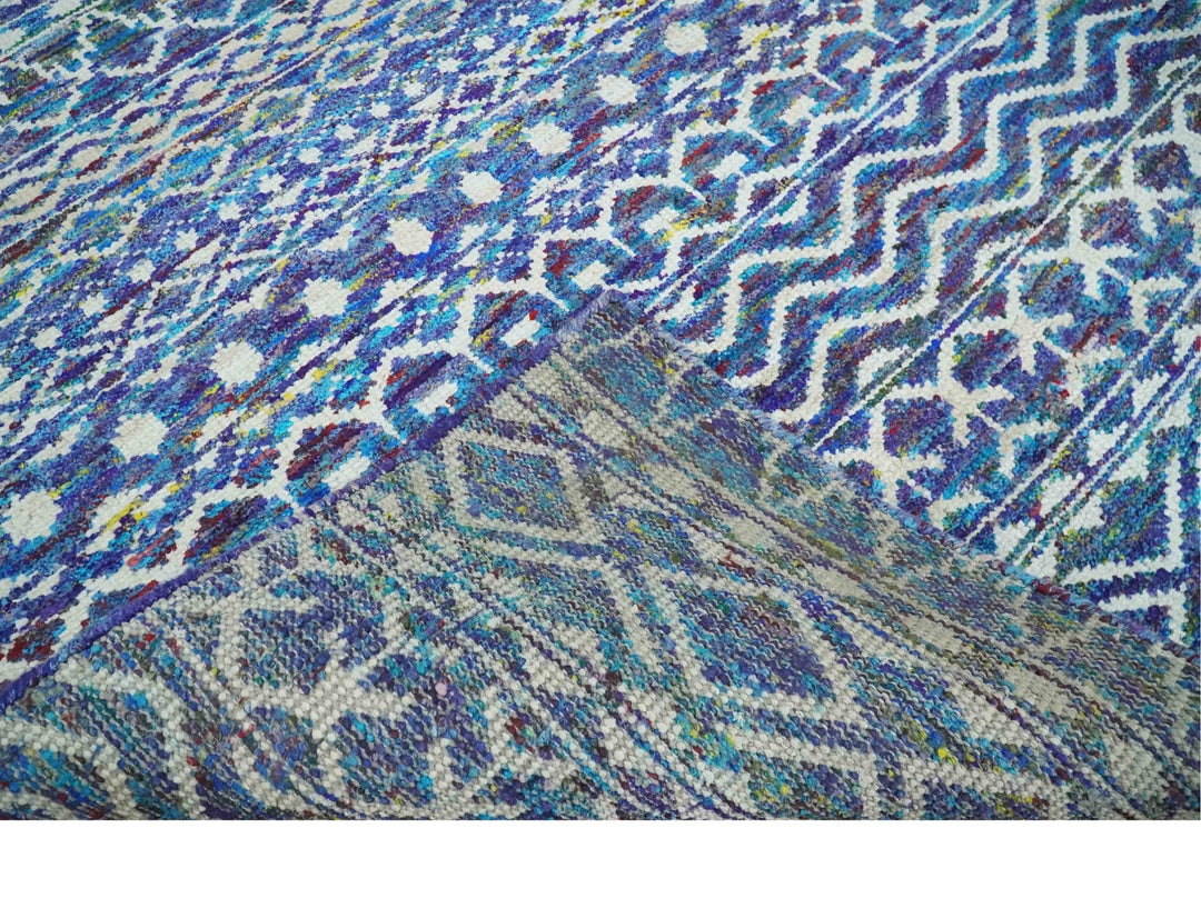Hand Knotted Blue and Ivory 5.6x8.5 Modern Contemporary Southwestern Tribal Trellis Recycled Art Silk Area Rug - The Rug Decor