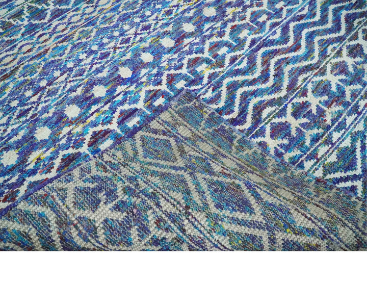 Hand Knotted Blue and Ivory 5.6x8.5 Modern Contemporary Southwestern Tribal Trellis Recycled Art Silk Area Rug - The Rug Decor
