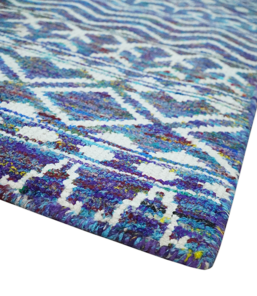 Hand Knotted Blue and Ivory 5.6x8.5 Modern Contemporary Southwestern Tribal Trellis Recycled Art Silk Area Rug - The Rug Decor