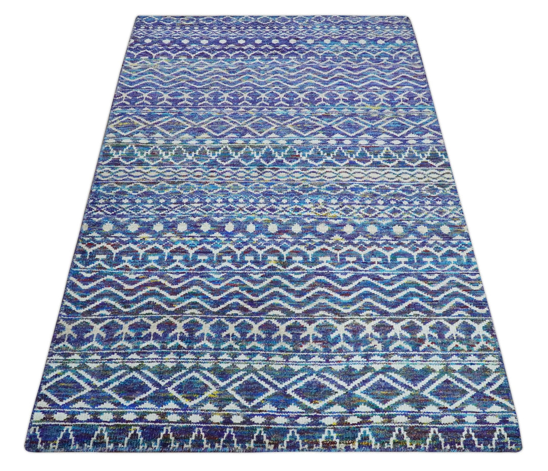 Hand Knotted Blue and Ivory 5.6x8.5 Modern Contemporary Southwestern Tribal Trellis Recycled Art Silk Area Rug - The Rug Decor