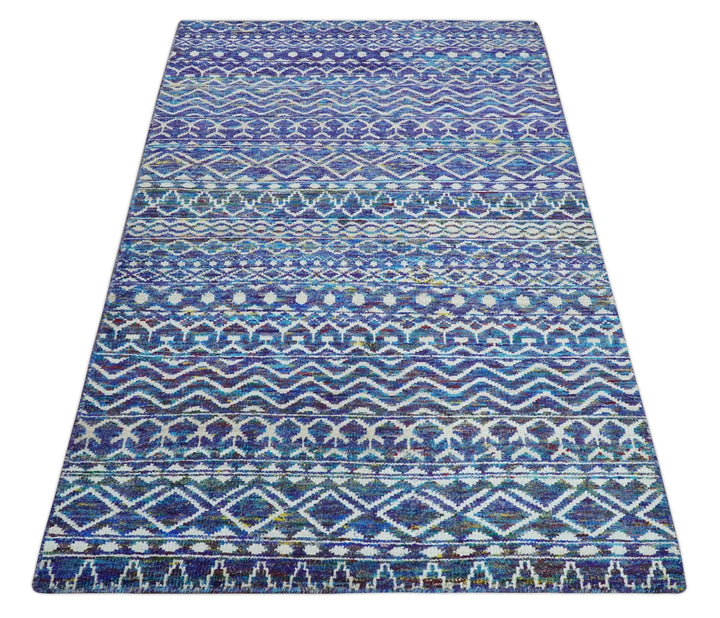 Hand Knotted Blue and Ivory 5.6x8.5 Modern Contemporary Southwestern Tribal Trellis Recycled Art Silk Area Rug - The Rug Decor