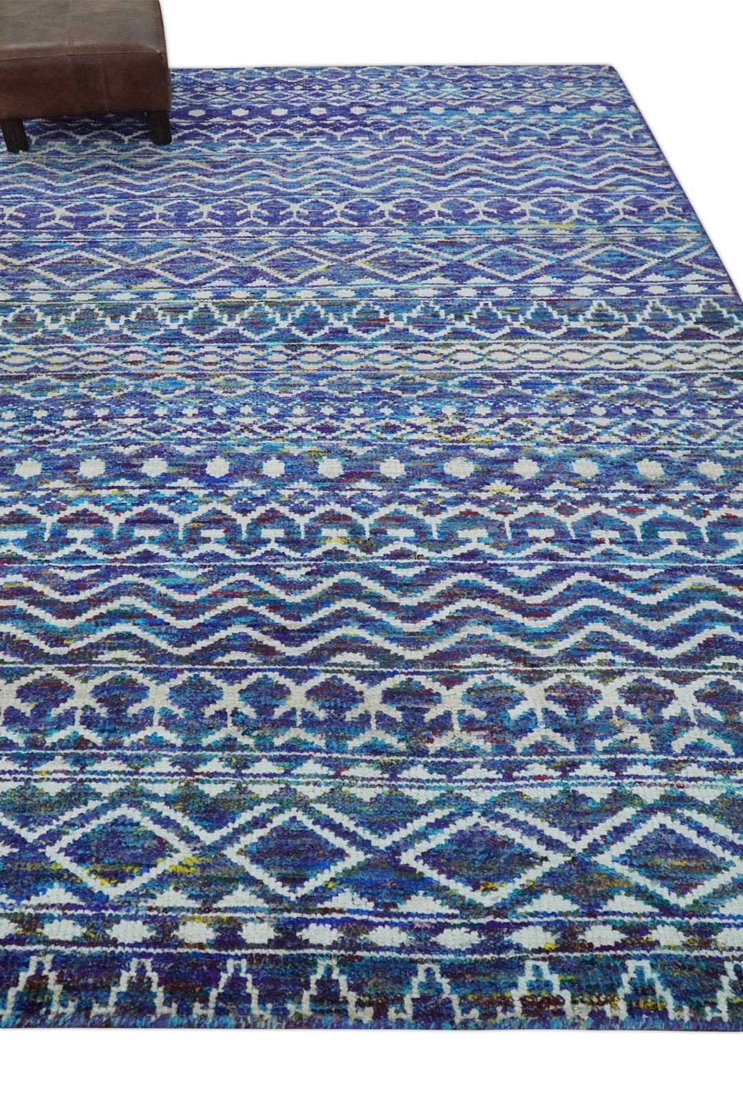 Hand Knotted Blue and Ivory 5.6x8.5 Modern Contemporary Southwestern Tribal Trellis Recycled Art Silk Area Rug - The Rug Decor