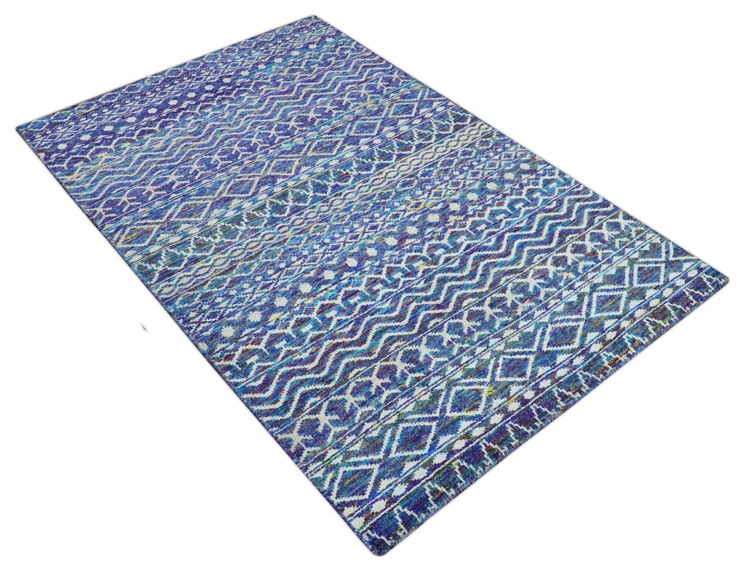 Hand Knotted Blue and Ivory 5.6x8.5 Modern Contemporary Southwestern Tribal Trellis Recycled Art Silk Area Rug - The Rug Decor