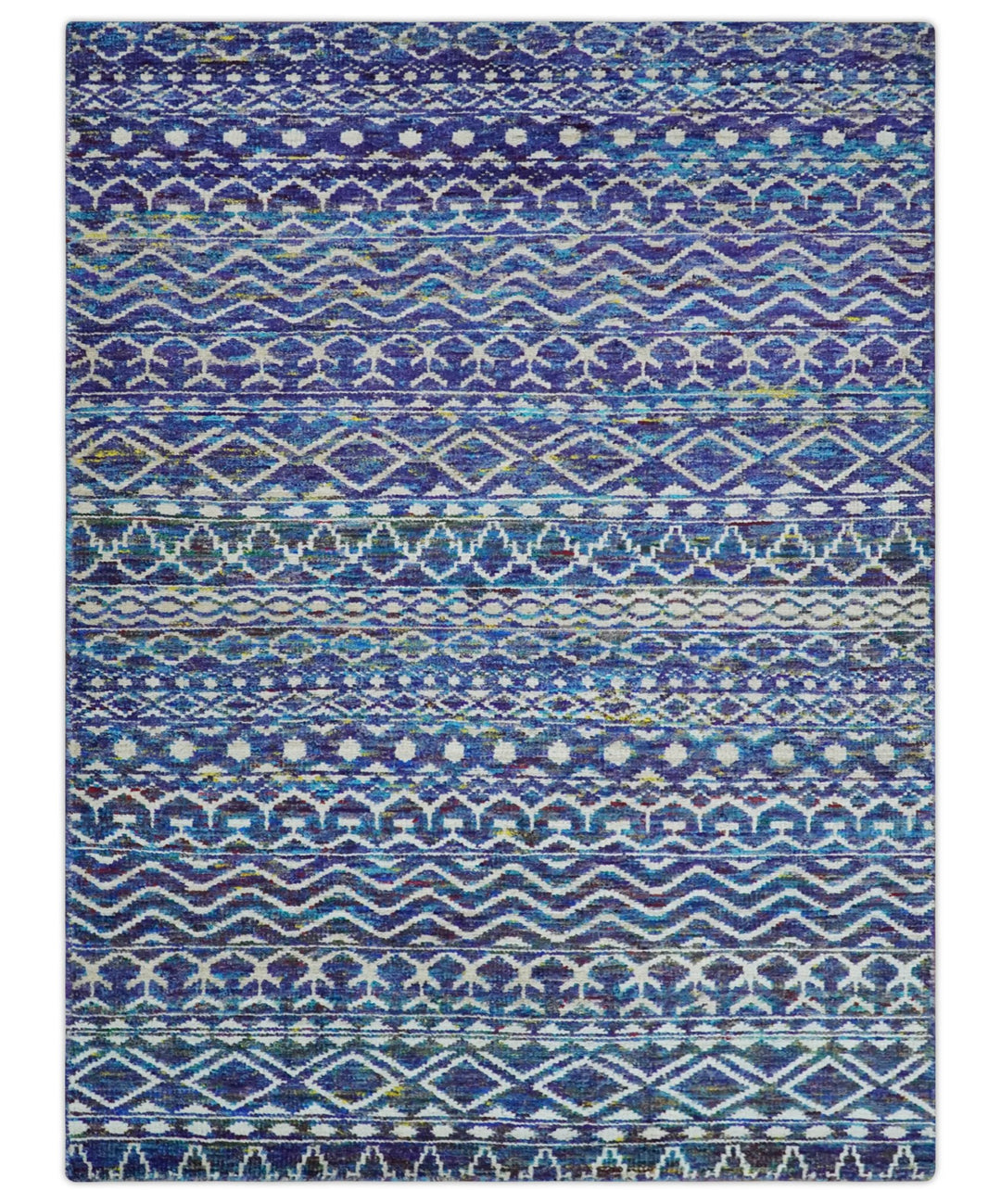 Hand Knotted Blue and Ivory 5.6x8.5 Modern Contemporary Southwestern Tribal Trellis Recycled Art Silk Area Rug - The Rug Decor