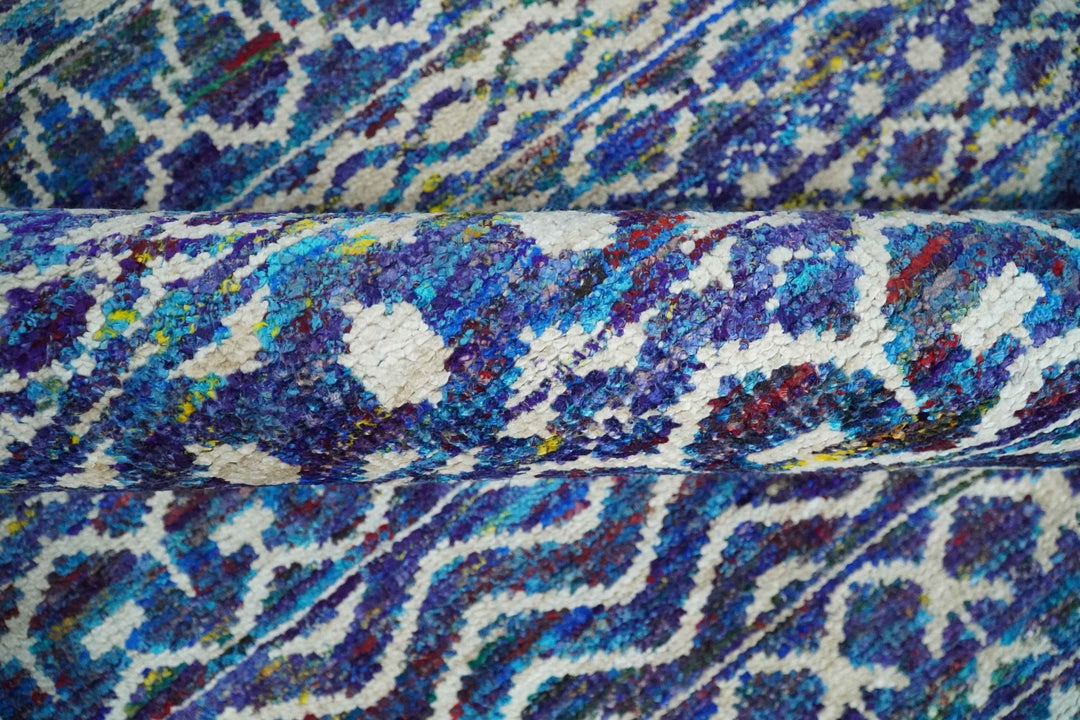 Hand Knotted Blue and Ivory 5.6x8.5 Modern Contemporary Southwestern Tribal Trellis Recycled Art Silk Area Rug - The Rug Decor