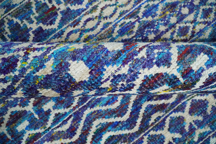 Hand Knotted Blue and Ivory 5.6x8.5 Modern Contemporary Southwestern Tribal Trellis Recycled Art Silk Area Rug - The Rug Decor