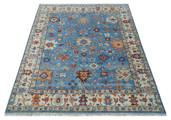 Hand Knotted Blue and Ivory Traditional Persian Turkish Oushak Wool Rug, 6x9, 8x10, 9x12, 10x14 and 12x15 | TRD2741 - The Rug Decor