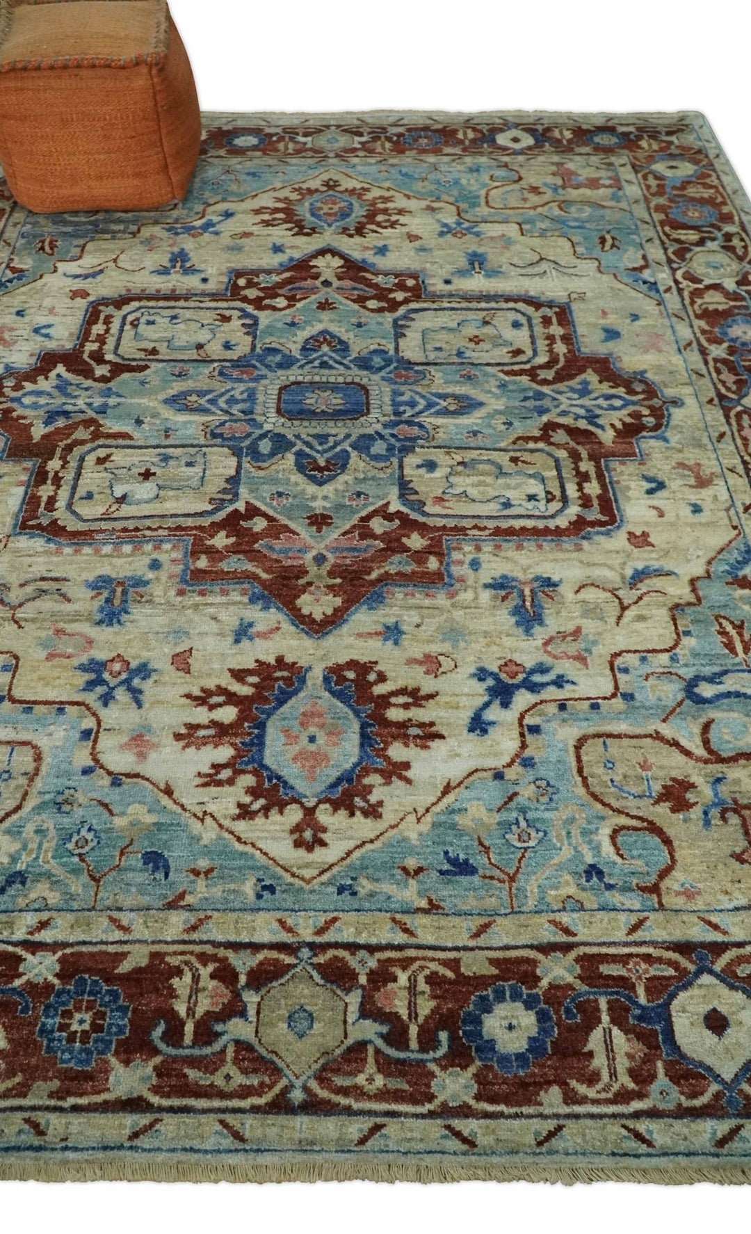 Hand Knotted Blue, Ivory and Rust Antique Persian Heriz Serapi Wool Rug, 5x8, 6x9, 8x10 and 9x12 Living Room Rug | TRD2559 - The Rug Decor
