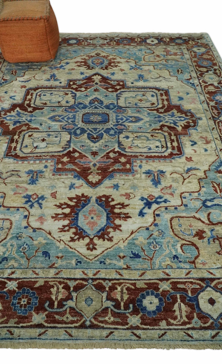 Hand Knotted Blue, Ivory and Rust Antique Persian Heriz Serapi Wool Rug, 5x8, 6x9, 8x10 and 9x12 Living Room Rug | TRD2559 - The Rug Decor