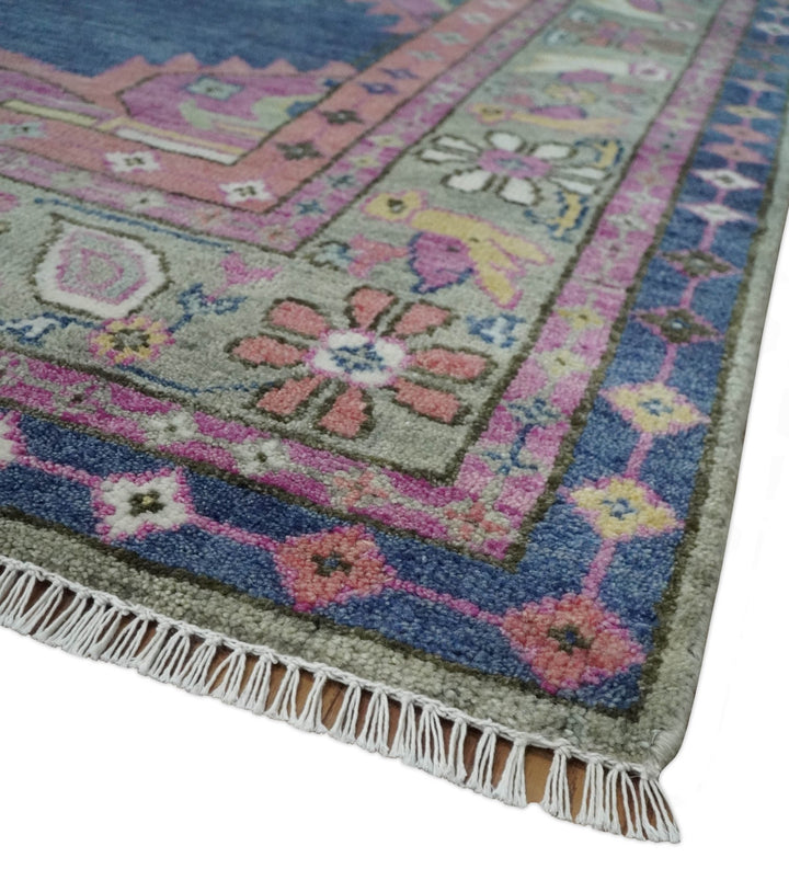 Hand Knotted Blue, Silver and Pink Traditional Heriz Serapi Wool Rug, Living Room and Bedroom Rug - The Rug Decor