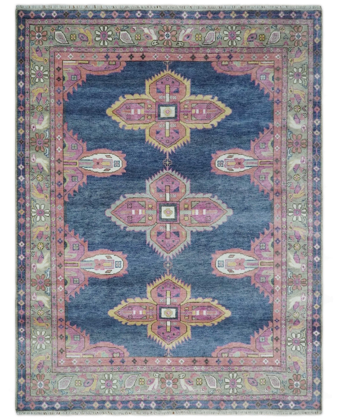Hand Knotted Blue, Silver and Pink Traditional Heriz Serapi Wool Rug, Living Room and Bedroom Rug - The Rug Decor