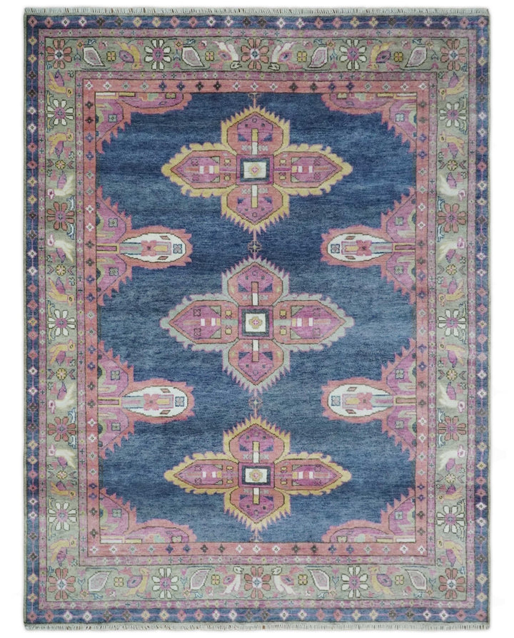 Hand Knotted Blue, Silver and Pink Traditional Heriz Serapi Wool Rug, Living Room and Bedroom Rug - The Rug Decor