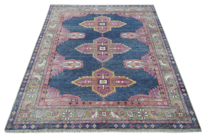 Hand Knotted Blue, Silver and Pink Traditional Heriz Serapi Wool Rug, Living Room and Bedroom Rug - The Rug Decor