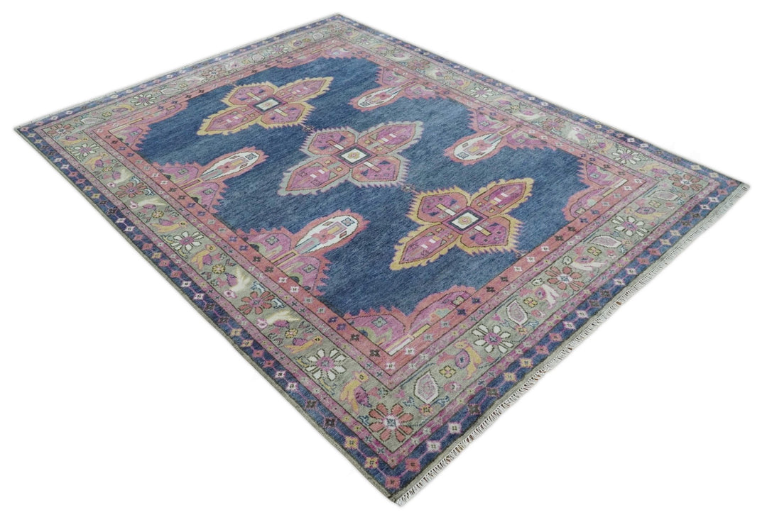 Hand Knotted Blue, Silver and Pink Traditional Heriz Serapi Wool Rug, Living Room and Bedroom Rug - The Rug Decor