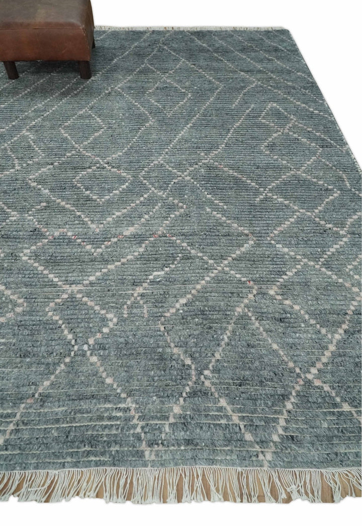 Hand Knotted Charcoal and Ivory Moroccan Trellis Rug Made with Blended Wool 5x8, 8x10 and 9x12 | UL48 - The Rug Decor