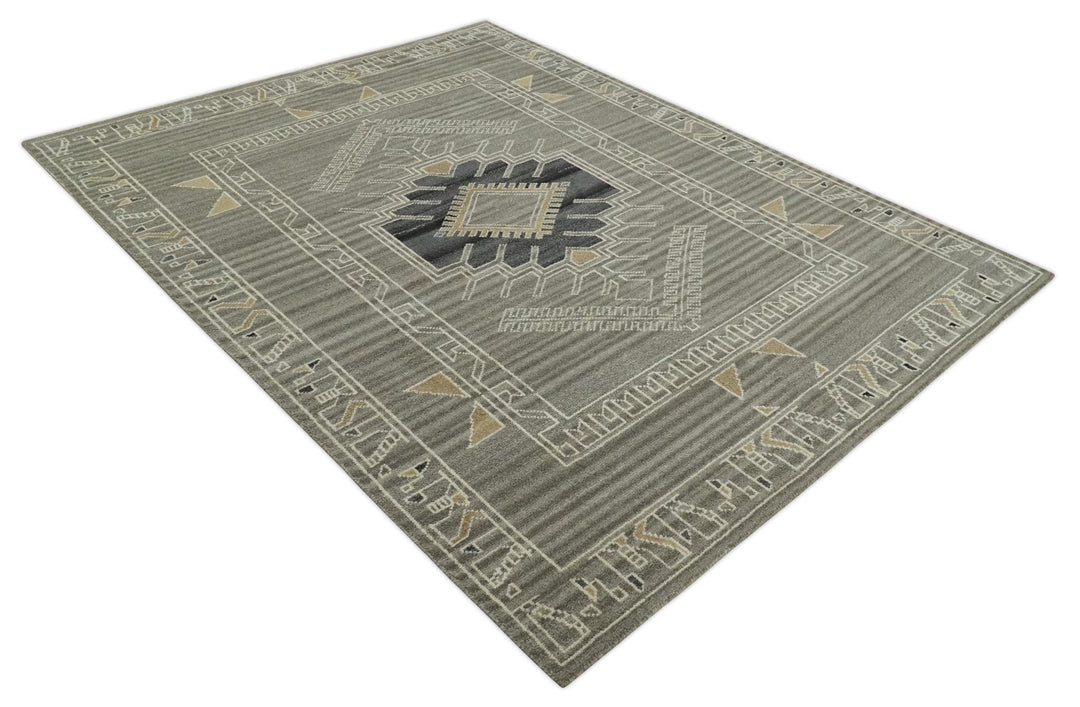 Hand Knotted Charcoal, Ivory and Beige Traditional Heriz Serapi Wool Area Rug, Kids, Living Room and Bedroom Rug | MEHK13 - The Rug Decor