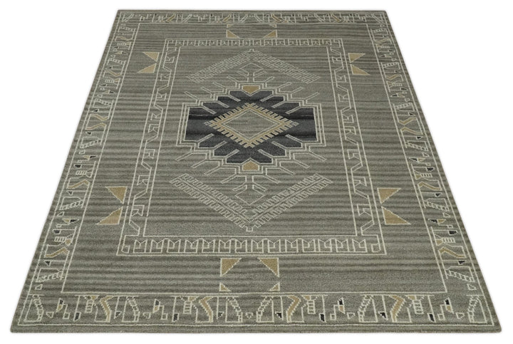 Hand Knotted Charcoal, Ivory and Beige Traditional Heriz Serapi Wool Area Rug, Kids, Living Room and Bedroom Rug | MEHK13 - The Rug Decor