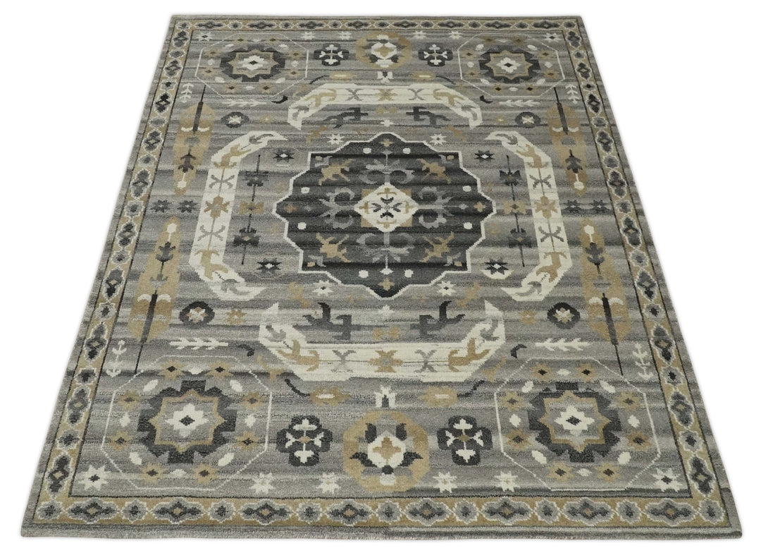 Hand Knotted Charcoal, Ivory and Beige Traditional Medallion Natural Wool Area Rug, Kids, Living Room and Bedroom Rug | MEHK10 - The Rug Decor