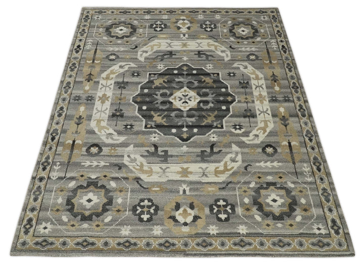 Hand Knotted Charcoal, Ivory and Beige Traditional Medallion Natural Wool Area Rug, Kids, Living Room and Bedroom Rug | MEHK10 - The Rug Decor