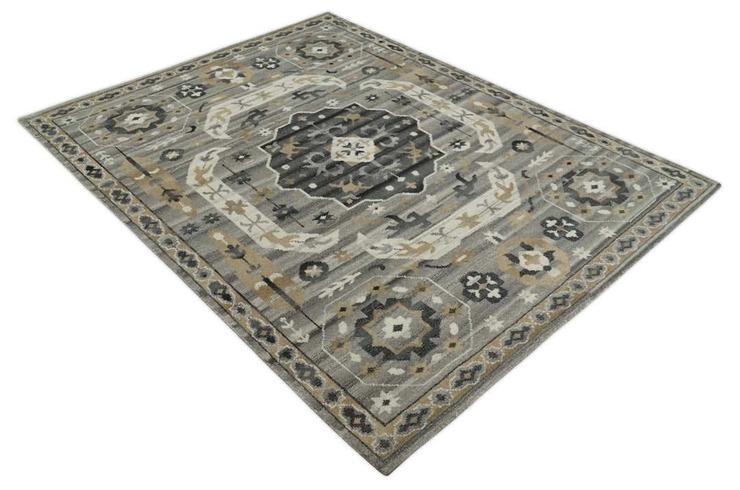 Hand Knotted Charcoal, Ivory and Beige Traditional Medallion Natural Wool Area Rug, Kids, Living Room and Bedroom Rug | MEHK10 - The Rug Decor