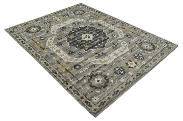 Hand Knotted Charcoal, Ivory and Beige Traditional Medallion Natural Wool Area Rug, Kids, Living Room and Bedroom Rug | MEHK10 - The Rug Decor