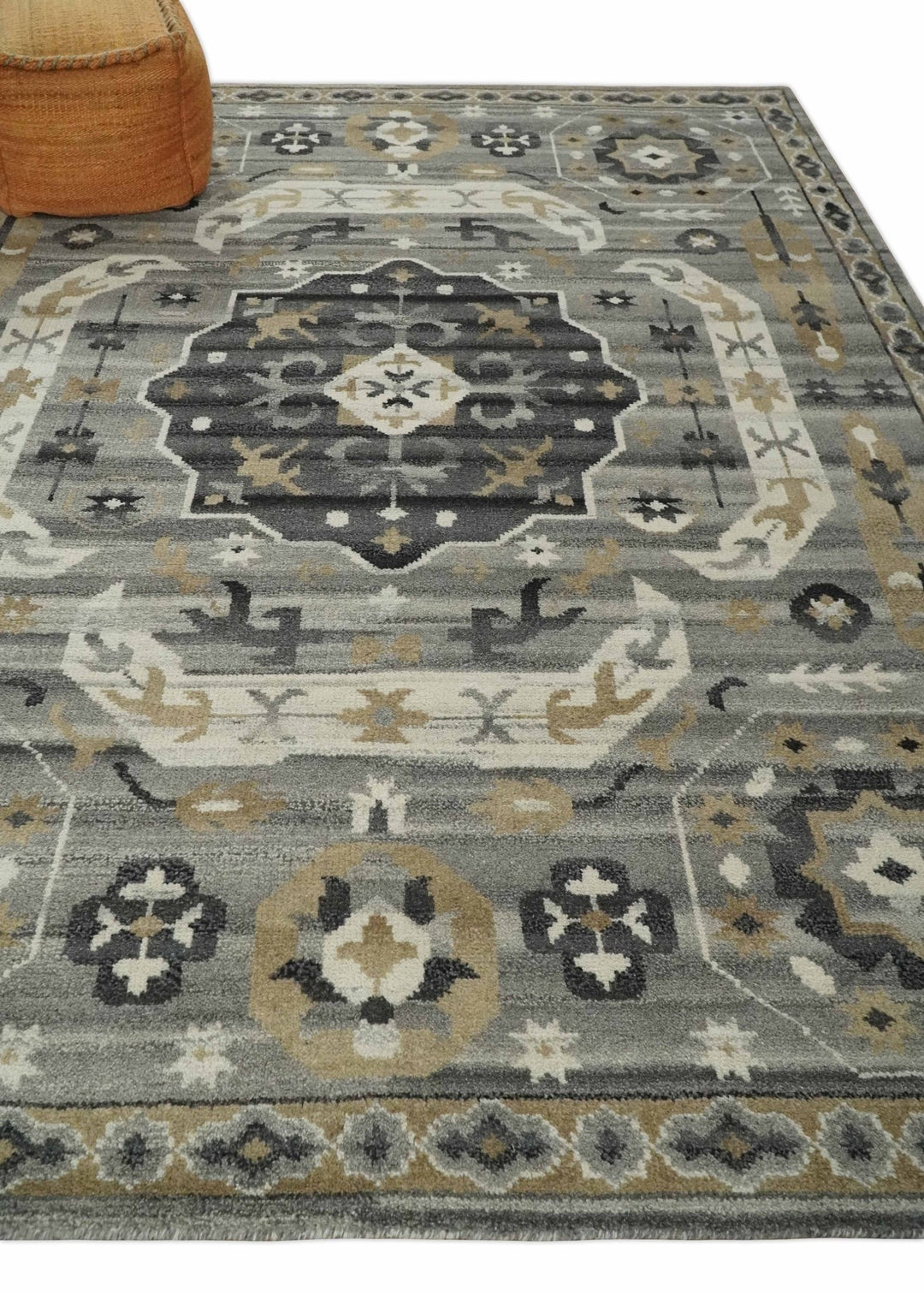 Hand Knotted Charcoal, Ivory and Beige Traditional Medallion Natural Wool Area Rug, Kids, Living Room and Bedroom Rug | MEHK10 - The Rug Decor