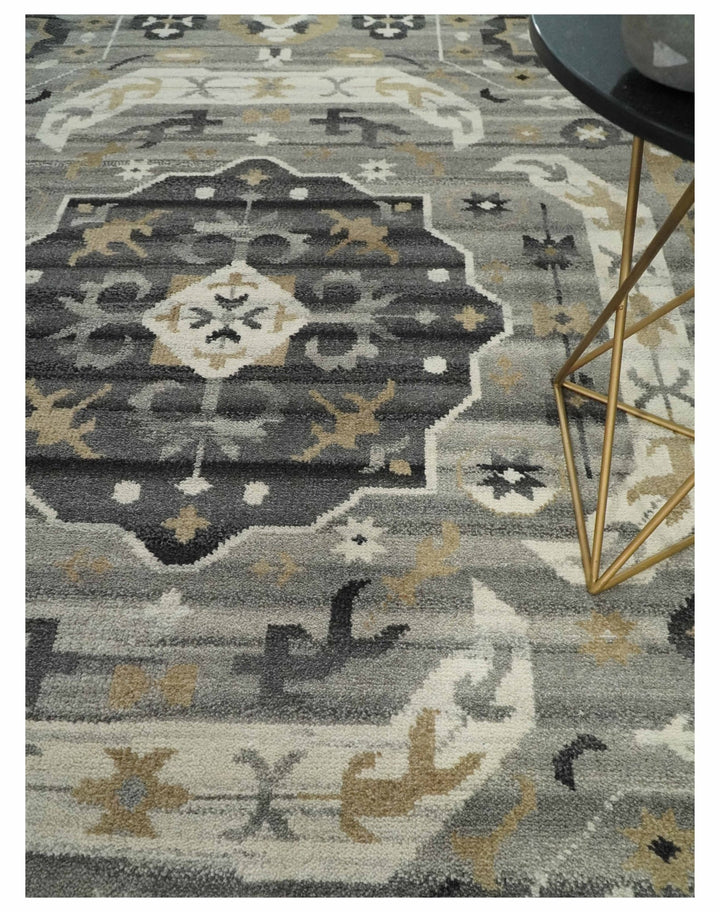Hand Knotted Charcoal, Ivory and Beige Traditional Medallion Natural Wool Area Rug, Kids, Living Room and Bedroom Rug | MEHK10 - The Rug Decor