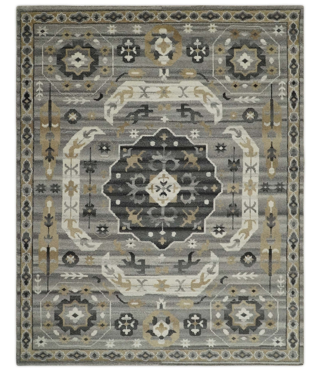 Hand Knotted Charcoal, Ivory and Beige Traditional Medallion Natural Wool Area Rug, Kids, Living Room and Bedroom Rug | MEHK10 - The Rug Decor