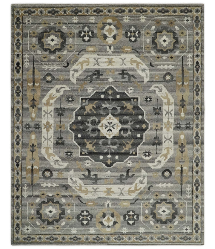 Hand Knotted Charcoal, Ivory and Beige Traditional Medallion Natural Wool Area Rug, Kids, Living Room and Bedroom Rug | MEHK10 - The Rug Decor
