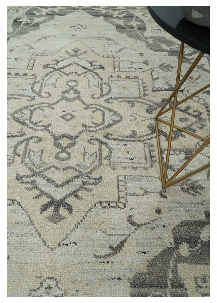 Hand Knotted Earthy Neutral Serapi Wool Rug, Charcoal, Beige and Ivory - The Rug Decor