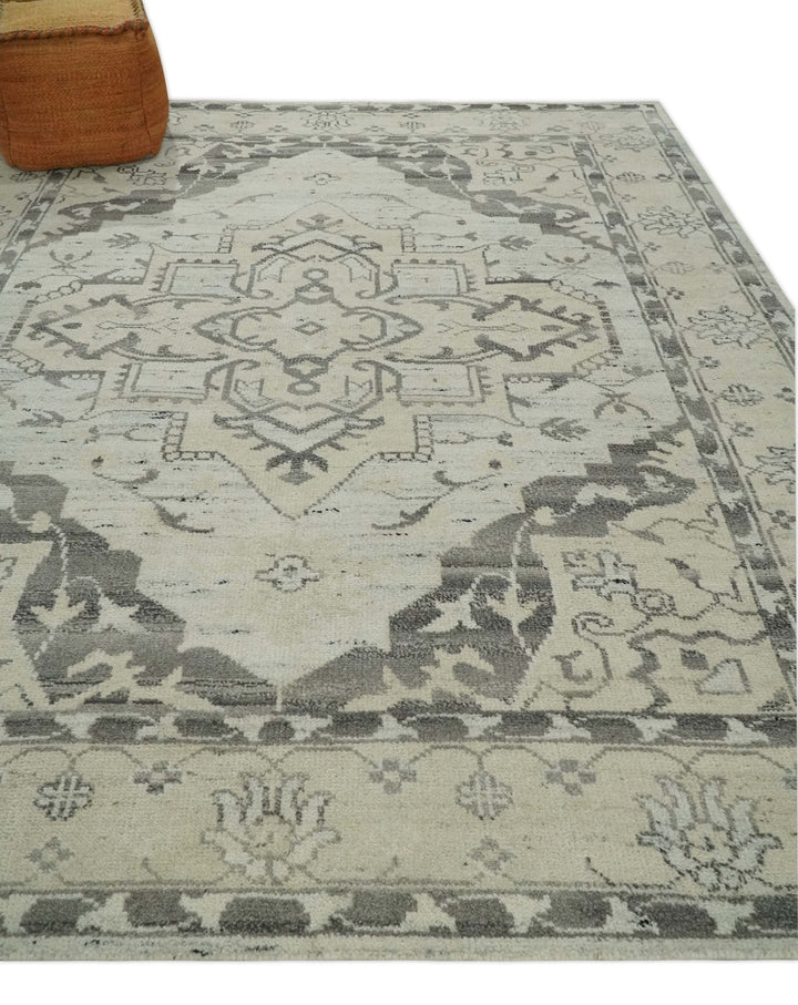 Hand Knotted Earthy Neutral Serapi Wool Rug, Charcoal, Beige and Ivory - The Rug Decor