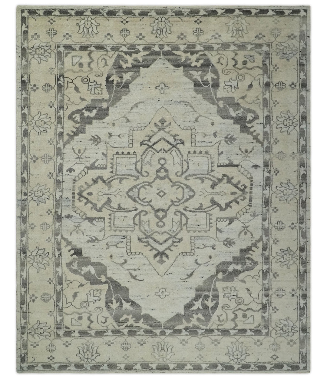 Hand Knotted Earthy Neutral Serapi Wool Rug, Charcoal, Beige and Ivory - The Rug Decor