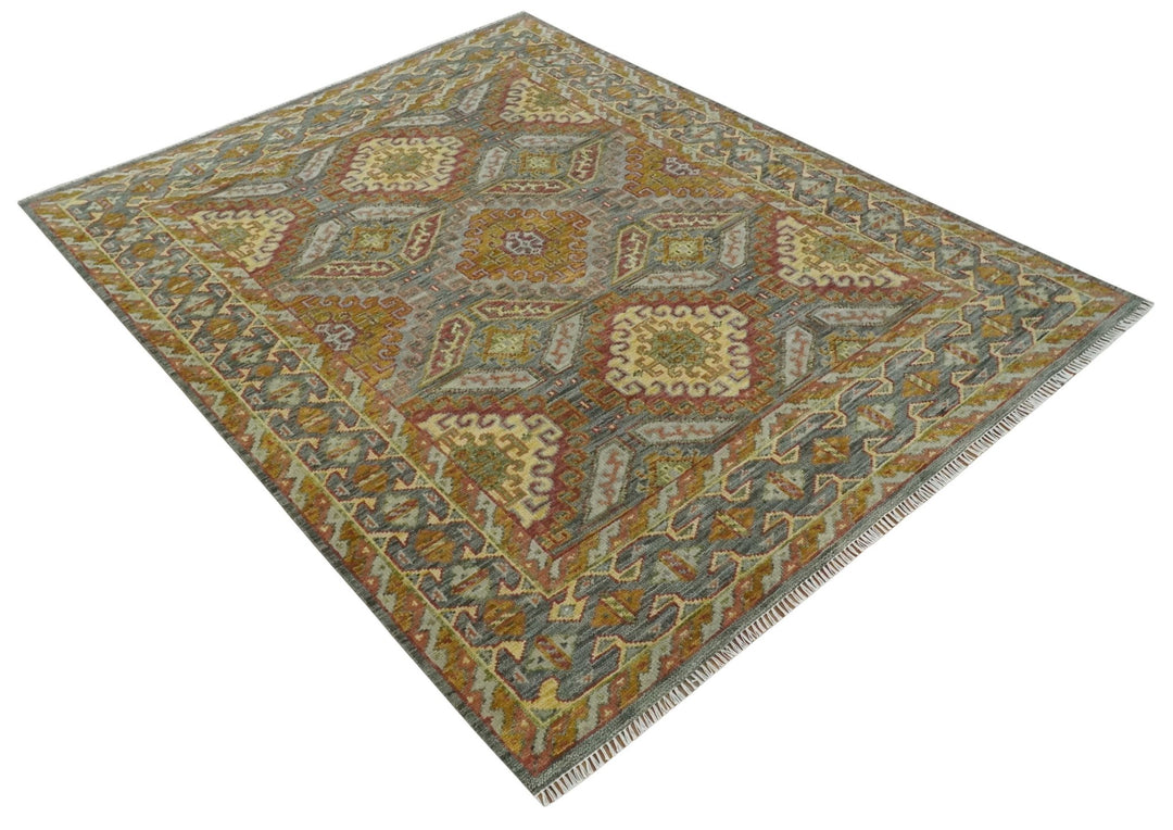 Hand Knotted Gold and Charcoal 8x10 Oriental Traditional Wool Area Rug - The Rug Decor