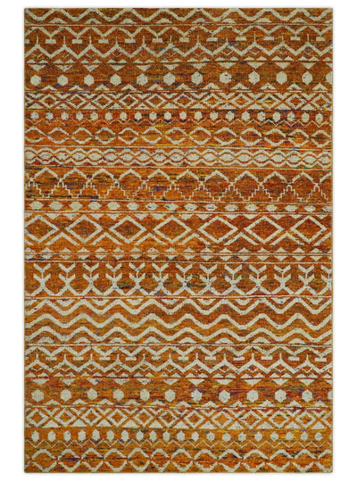 Hand Knotted Gold, Rust and Ivory Modern Contemporary Tribal Trellis Recycled Silk Area Rug - The Rug Decor