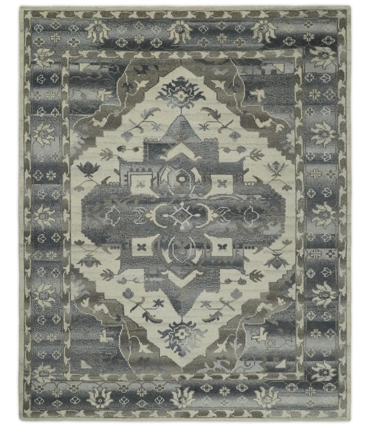 Hand Knotted Gray, Beige and Charcoal Traditional Persian Heriz Serapi Wool Area Rug, Kids, Living Room and Bedroom Rug | MEHK6 - The Rug Decor
