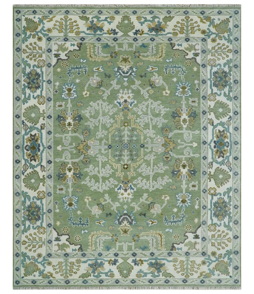 Hand Knotted Green, Ivory and Silver Traditional Turkish Vintage Style Wool Rug - The Rug Decor