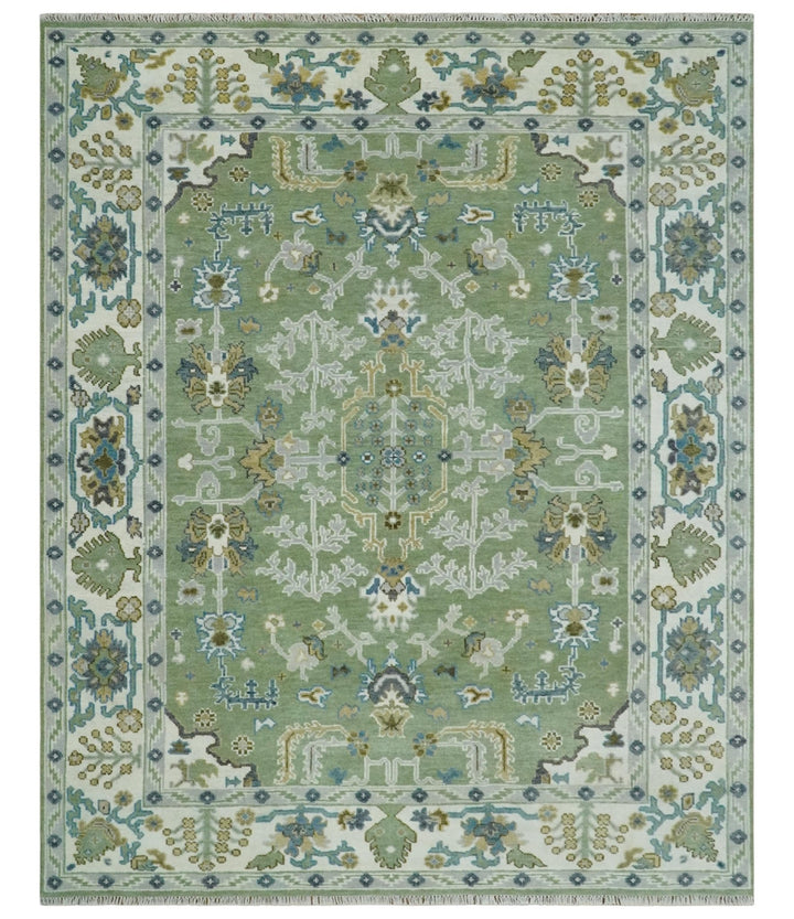 Hand Knotted Green, Ivory and Silver Traditional Turkish Vintage Style Wool Rug - The Rug Decor