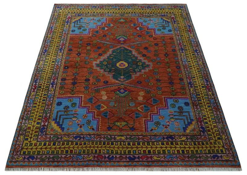 Hand Knotted Green, Rust, Yellow, Pink and Blue Traditional Floral 8x10 Wool Area Rug - The Rug Decor