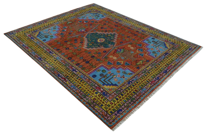 Hand Knotted Green, Rust, Yellow, Pink and Blue Traditional Floral 8x10 Wool Area Rug - The Rug Decor