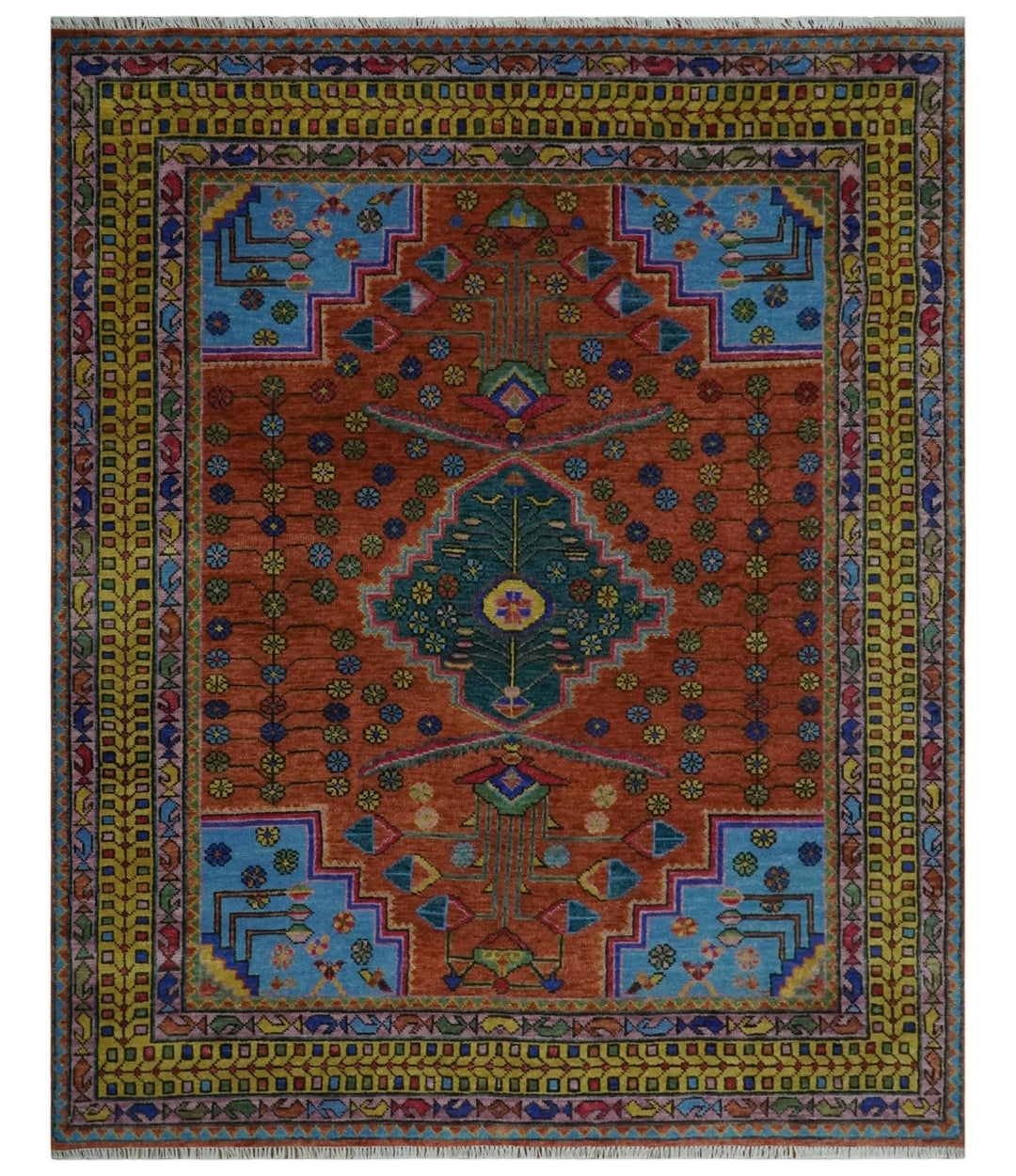 Hand Knotted Green, Rust, Yellow, Pink and Blue Traditional Floral 8x10 Wool Area Rug - The Rug Decor