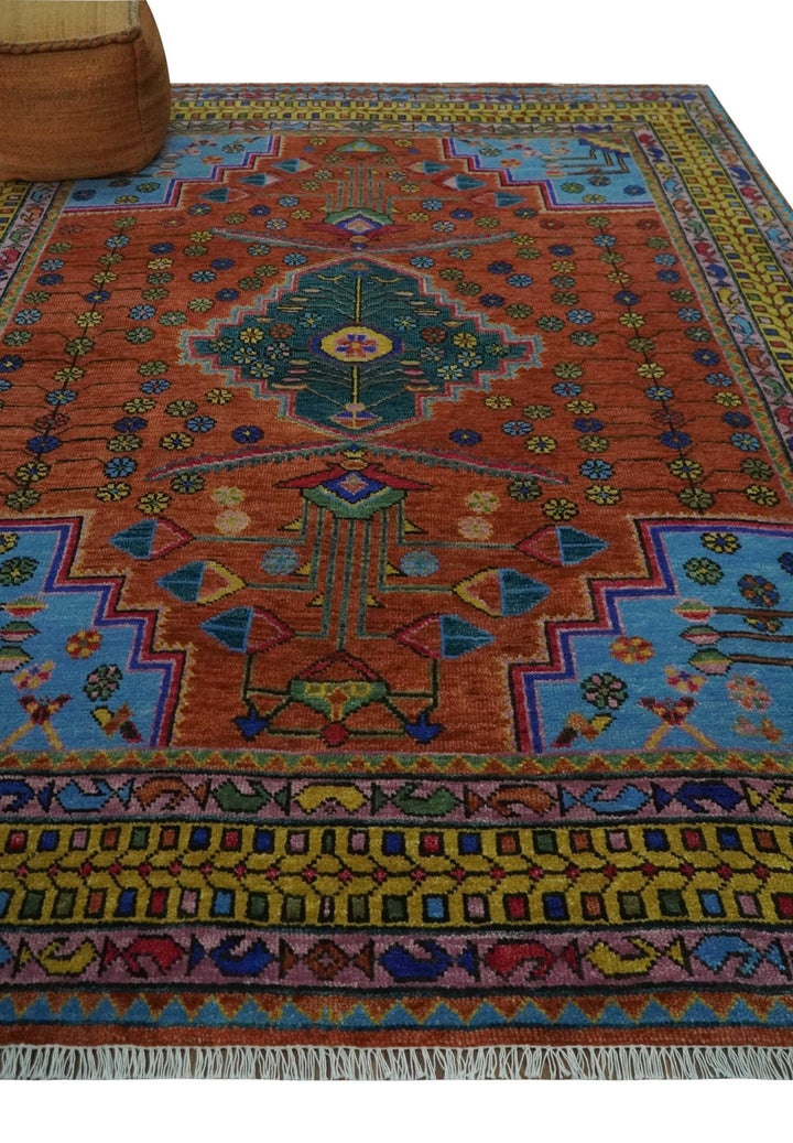 Hand Knotted Green, Rust, Yellow, Pink and Blue Traditional Floral 8x10 Wool Area Rug - The Rug Decor