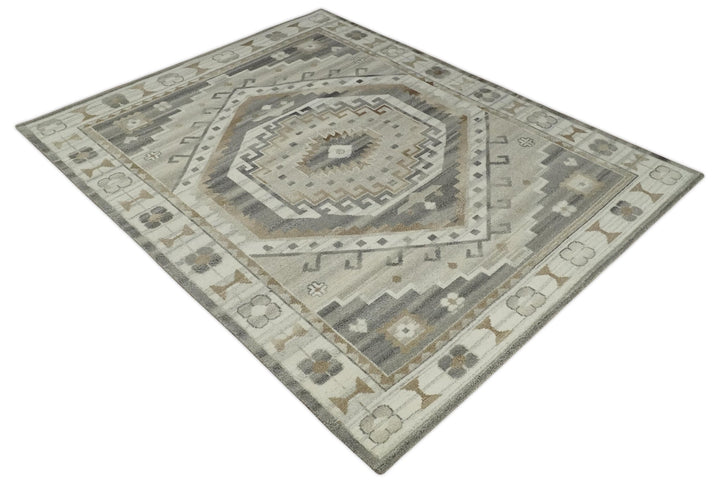 Hand Knotted Ivory, Charcoal and Beige Traditional Medallion Natural Wool Area Rug, Kids, Living Room and Bedroom Rug | MEHK11 - The Rug Decor