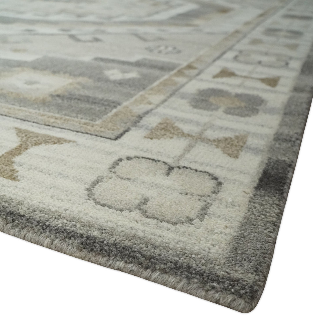 Hand Knotted Ivory, Charcoal and Beige Traditional Medallion Natural Wool Area Rug, Kids, Living Room and Bedroom Rug | MEHK11 - The Rug Decor