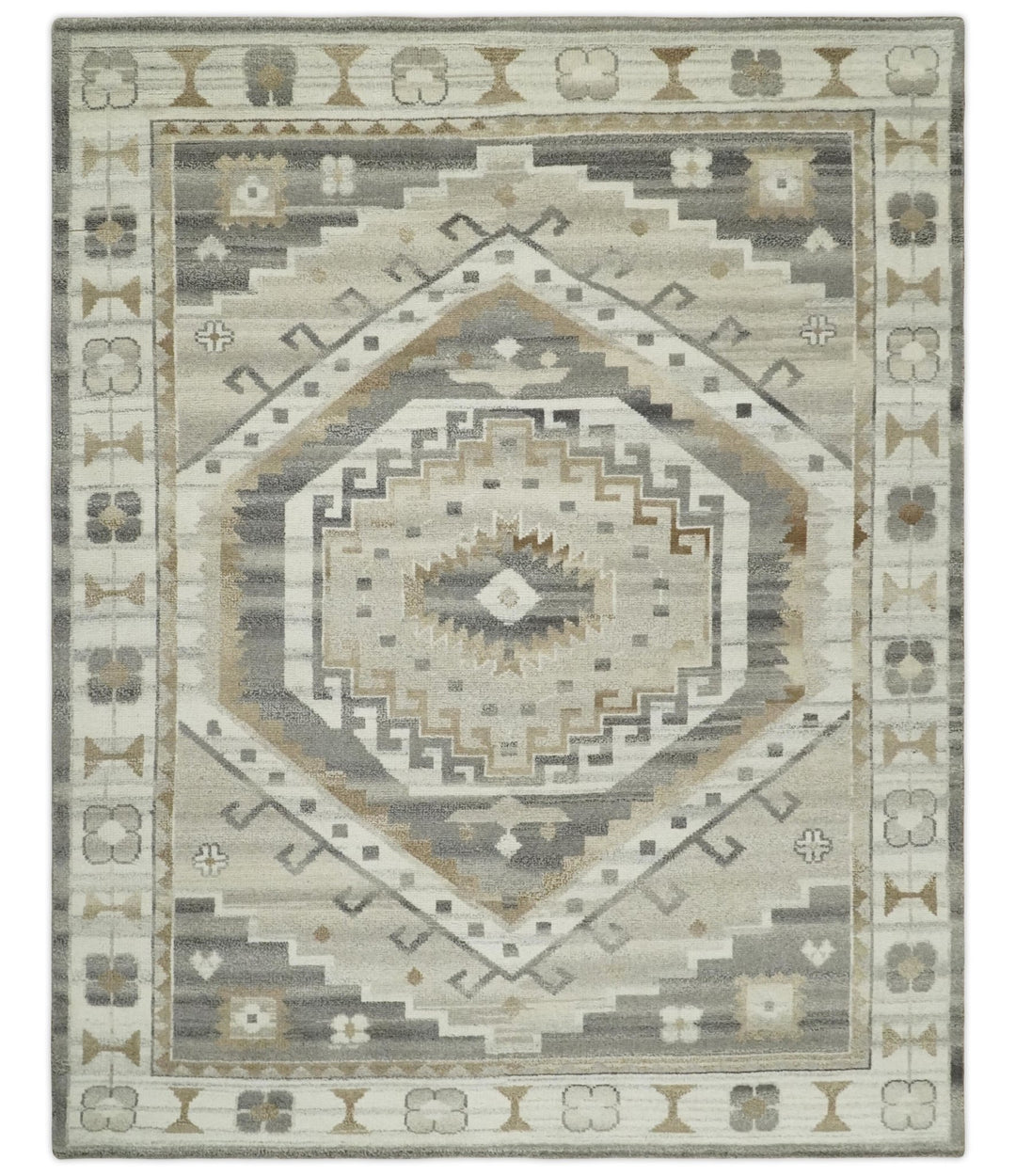 Hand Knotted Ivory, Charcoal and Beige Traditional Medallion Natural Wool Area Rug, Kids, Living Room and Bedroom Rug | MEHK11 - The Rug Decor