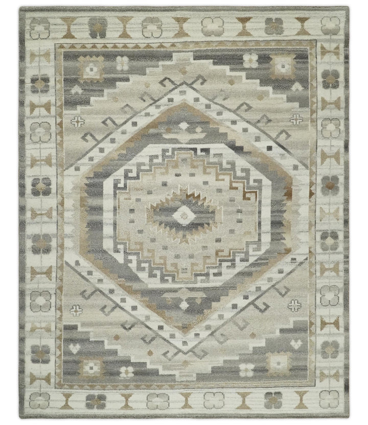 Hand Knotted Ivory, Charcoal and Beige Traditional Medallion Natural Wool Area Rug, Kids, Living Room and Bedroom Rug | MEHK11 - The Rug Decor