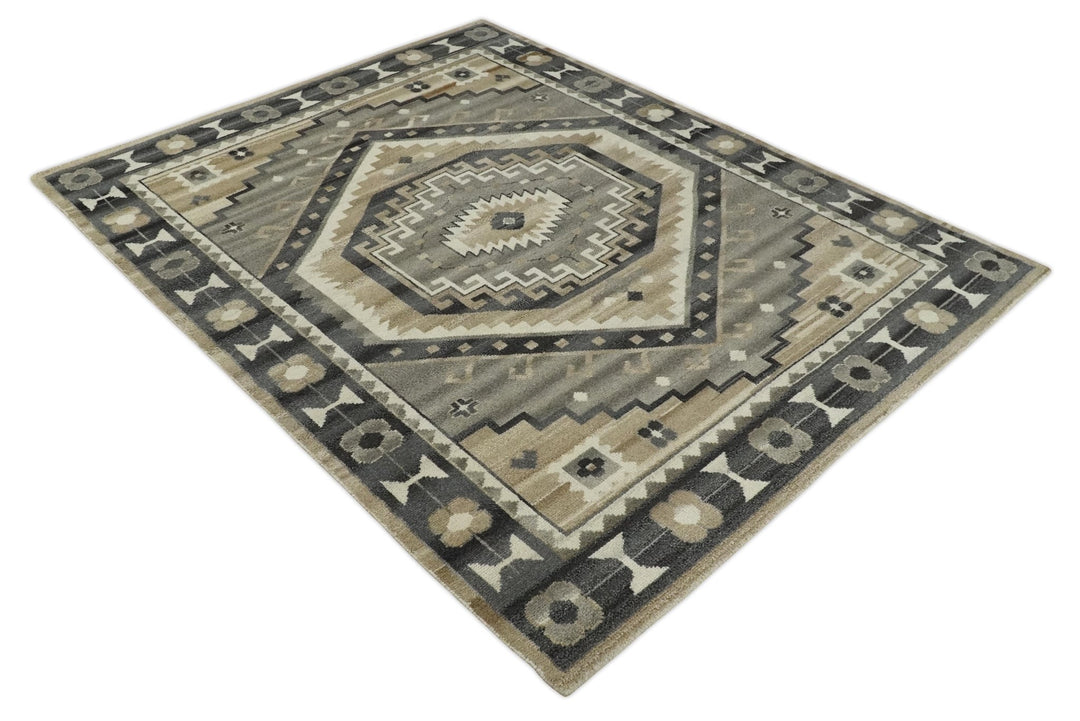 Hand Knotted Ivory, Charcoal and Beige Traditional Medallion Natural Wool Area Rug, Kids, Living Room and Bedroom Rug | MEHK8 - The Rug Decor