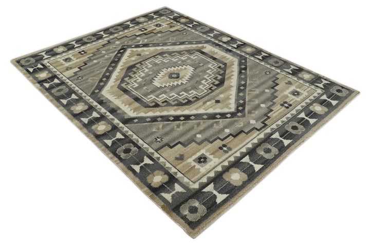 Hand Knotted Ivory, Charcoal and Beige Traditional Medallion Natural Wool Area Rug, Kids, Living Room and Bedroom Rug | MEHK8 - The Rug Decor
