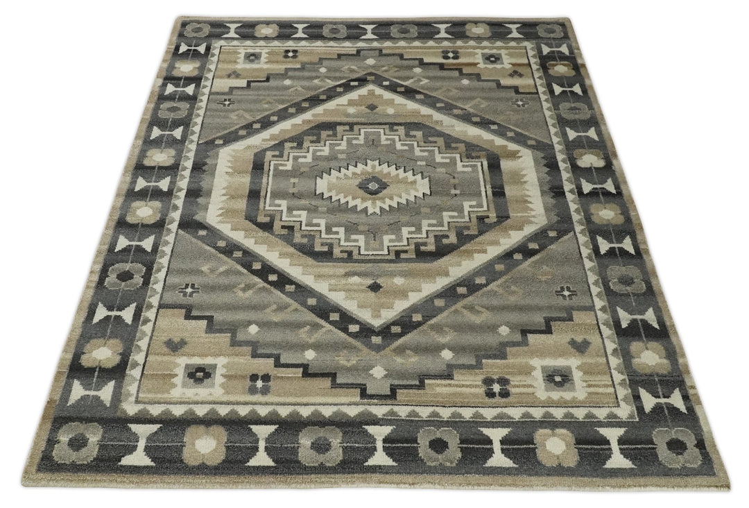Hand Knotted Ivory, Charcoal and Beige Traditional Medallion Natural Wool Area Rug, Kids, Living Room and Bedroom Rug | MEHK8 - The Rug Decor