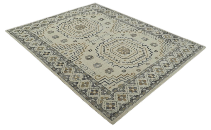 Hand Knotted Ivory, Gray and Beige Traditional Medallion Natural Wool Area Rug, Kids, Living Room and Bedroom Rug | MEHK7 - The Rug Decor